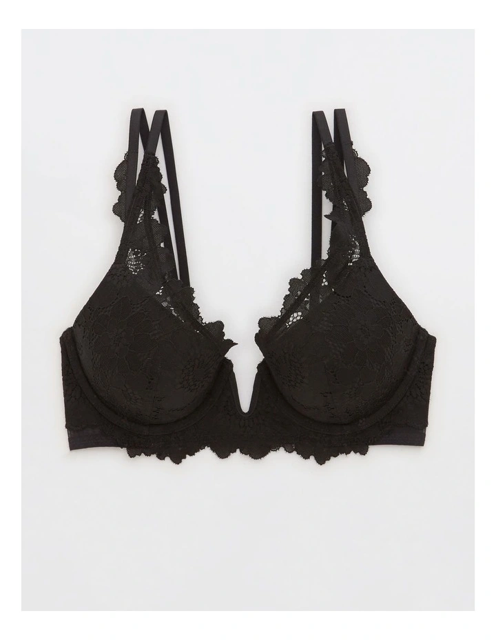 Real Power Plunge Push Up Poppy Lace Bra in True Black