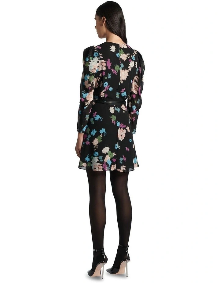 Scattered Floral Long Sleeve Mini Dress in Black
