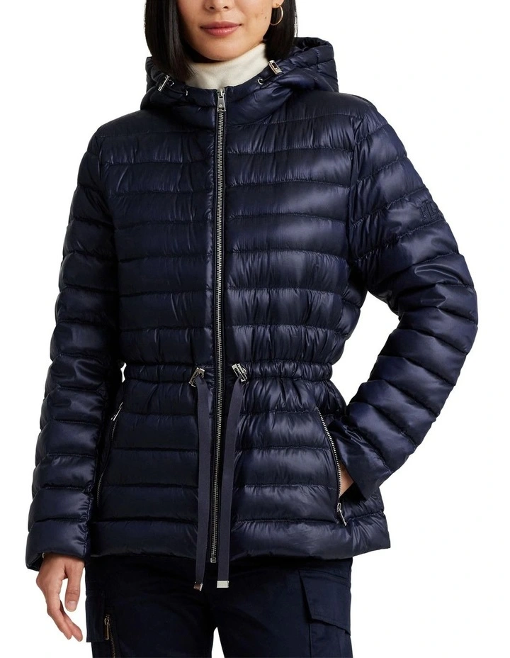 Metallic Hooded Down Coat in Navy