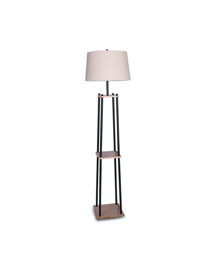 Metal Etagere Floor Lamp With Wood Shelf Light Cream Linen Fabric Shade