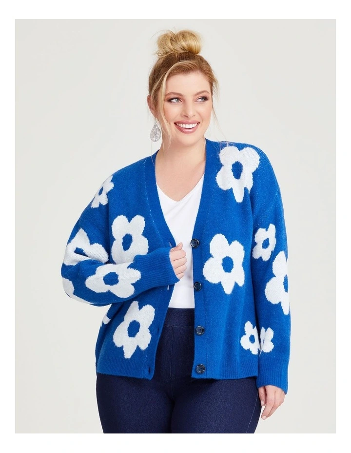 Daisy Flower Knit Cardigan in Seaport/Off White