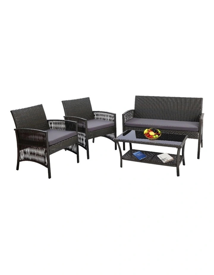 Outdoor Sofa Set Wicker Harp Chair Table Garden Furniture 4PCS in Grey