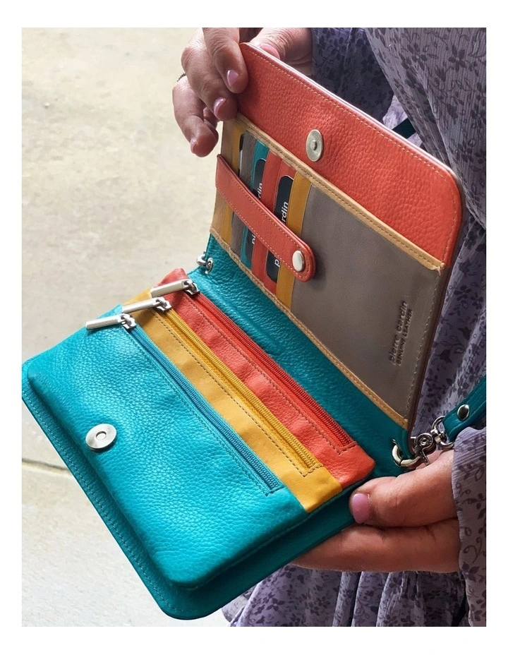 Multi-Colour Leather Wallet Bag/ Clutch in Taupe-Turquoise