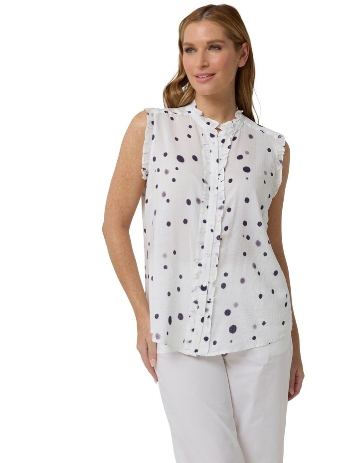 Sleeveless Ruffle Trim Shirt in Moon Spot Print