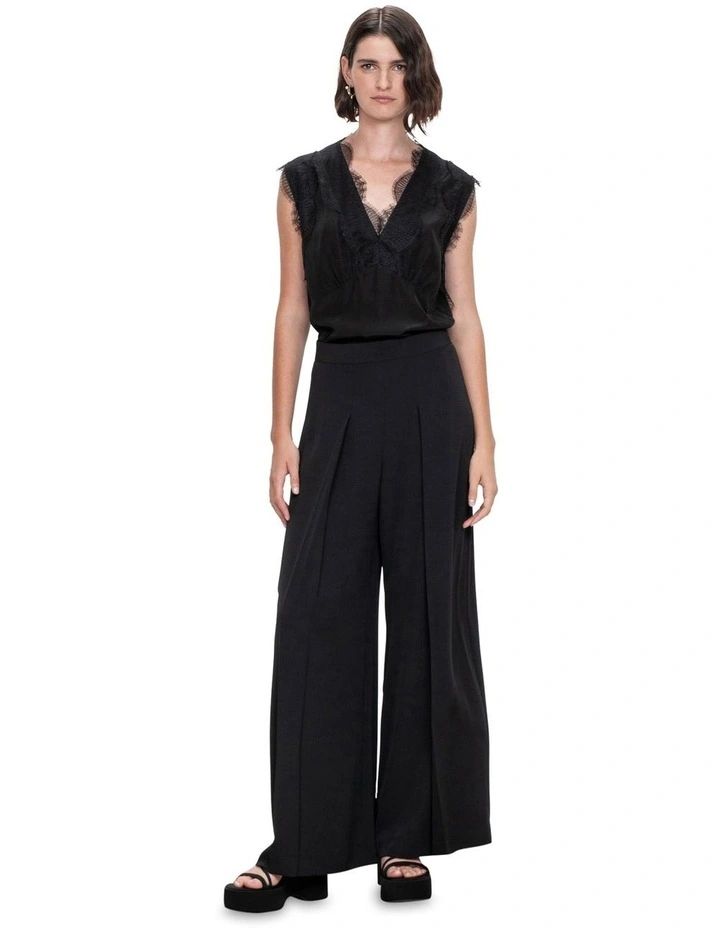 Silky Viscose Lace Trim Top in Black