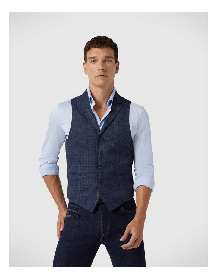5 Button Tailored Fashion Vest With Notch Lapel in Blue Check