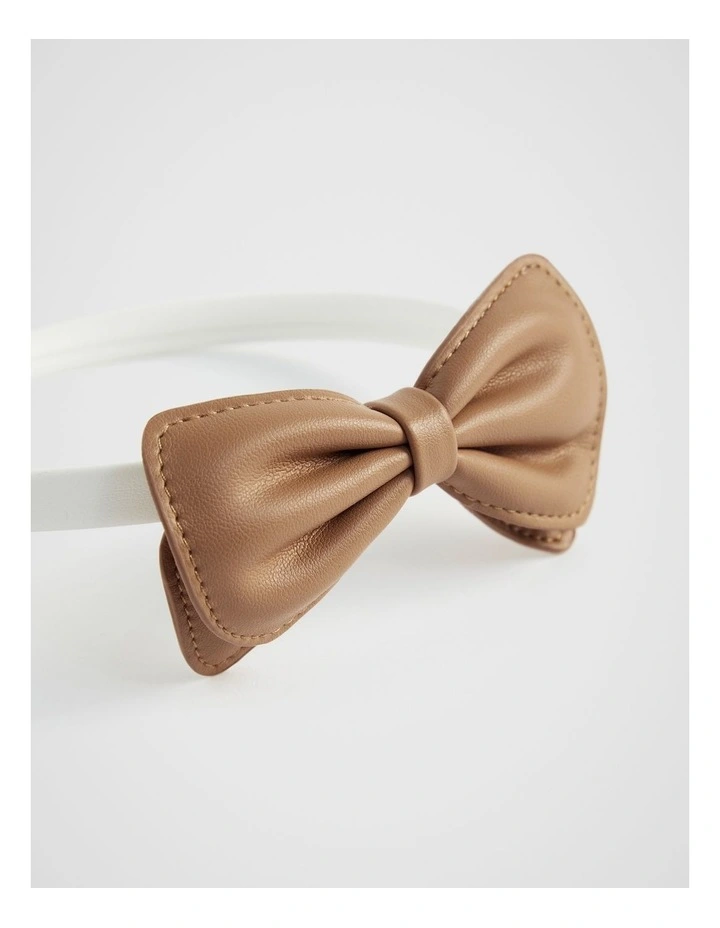 Mini Bow Headband in White/Tan