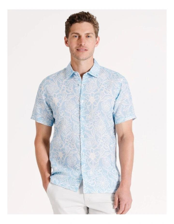 Slater Floral Print Short Sleeve Linen Blend Shirt in Blue
