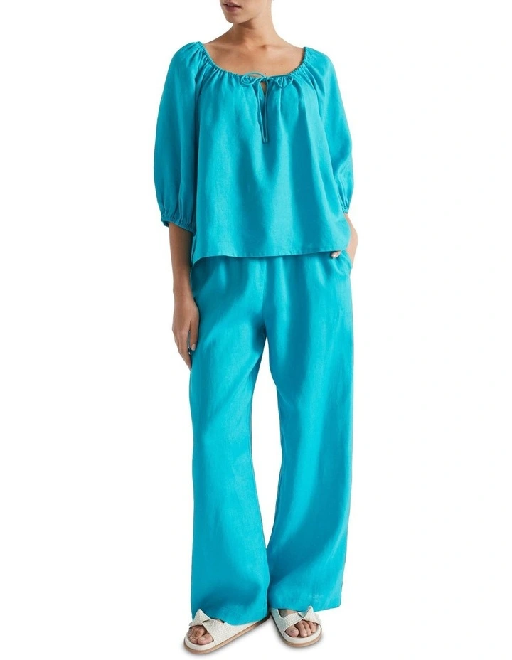 Linen Drawstring Top in Blue