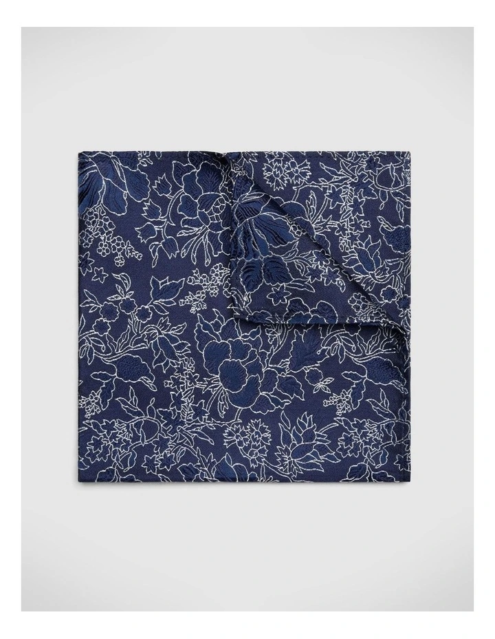 Floral Jacquard Silk Pocket Square in Navy/Silver