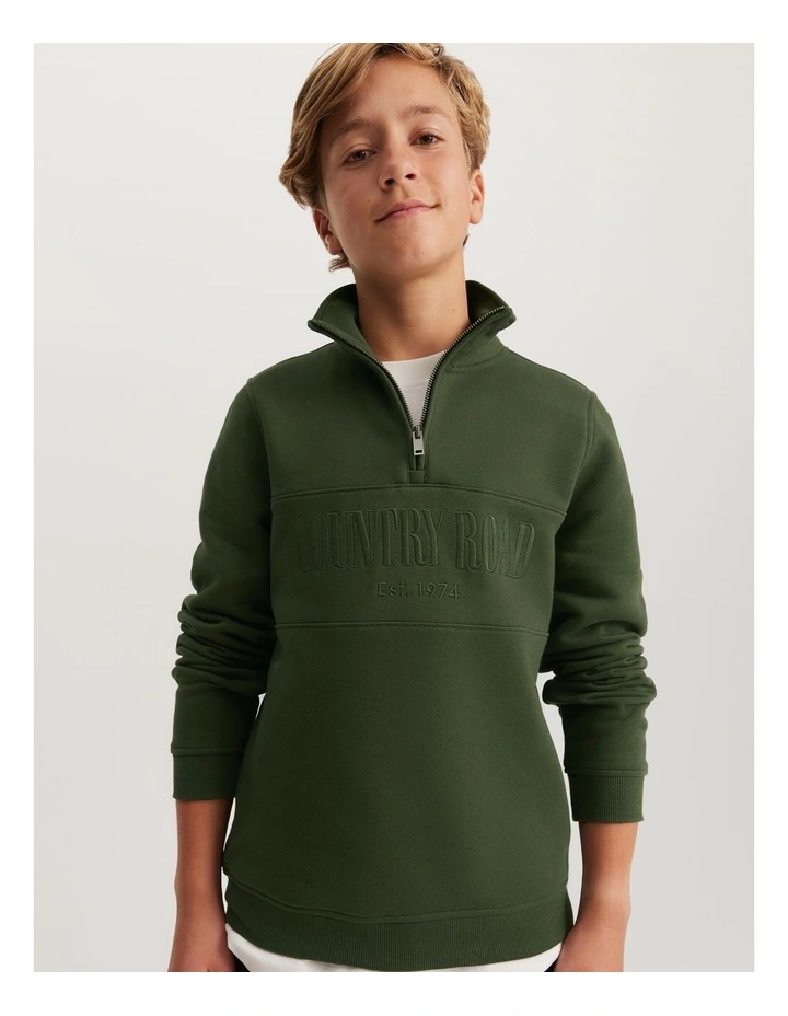 Teen Verified Australian Cotton Heritage Half Zip Sweat in Khaki Green