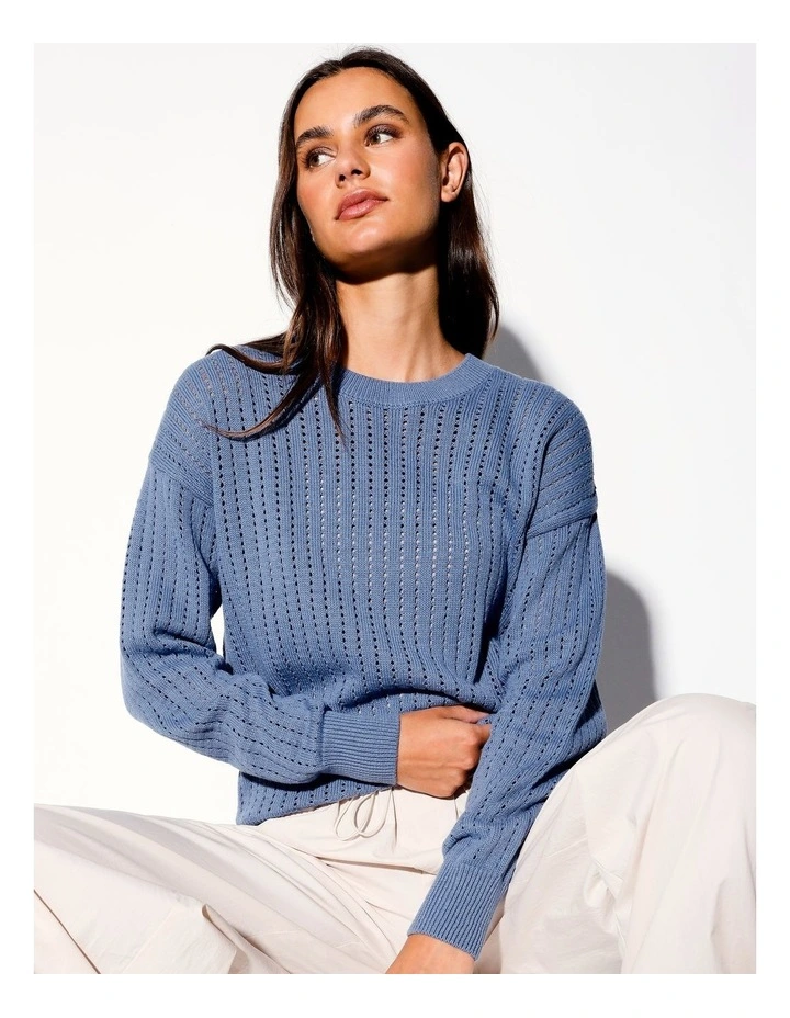 Organic Crochet Crew Neck Jumper in Denim