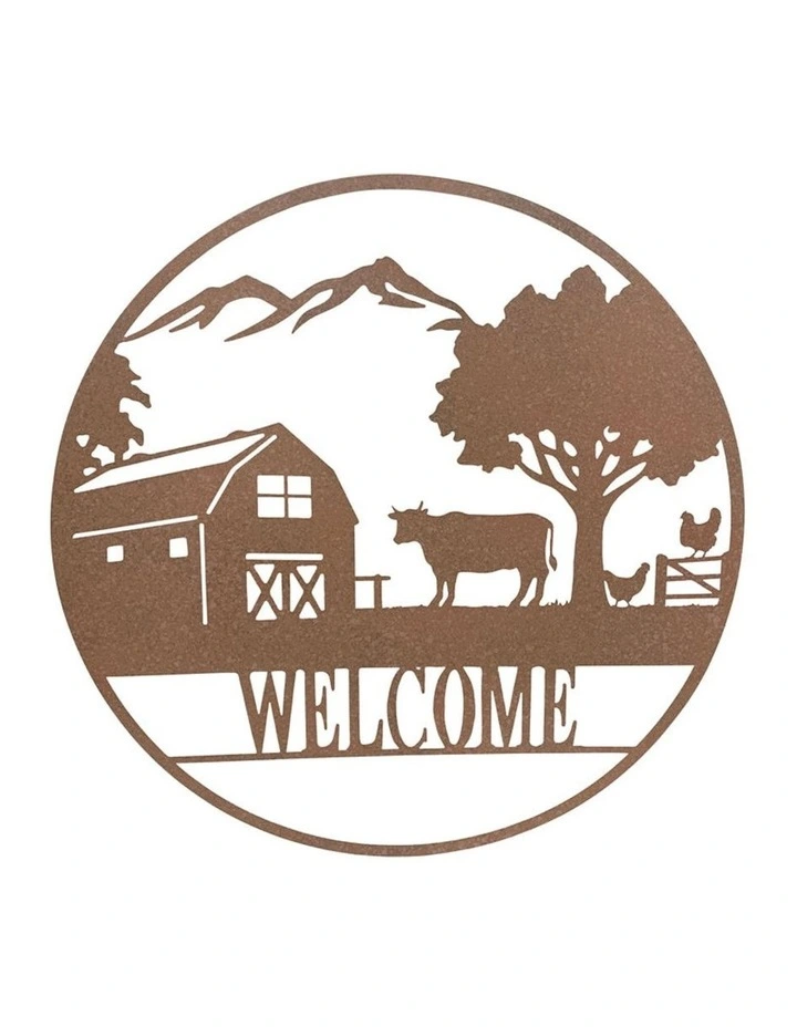 Outdoor Laser-Cut Welcome Farm Wall Art in Rust