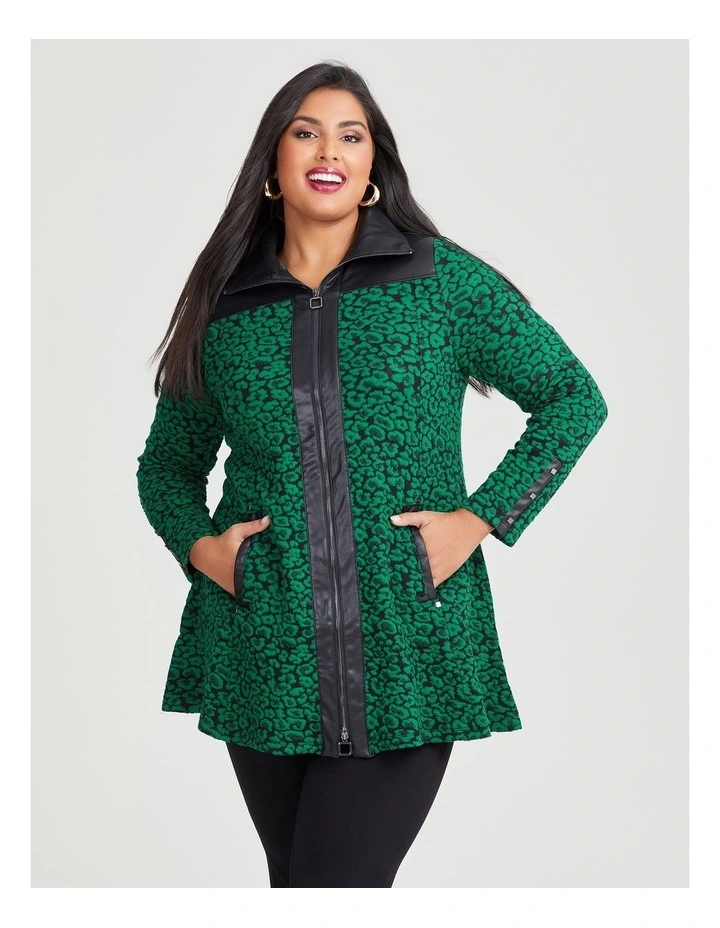 Jacquard & Pleather Zip Jacket in Green Leopard