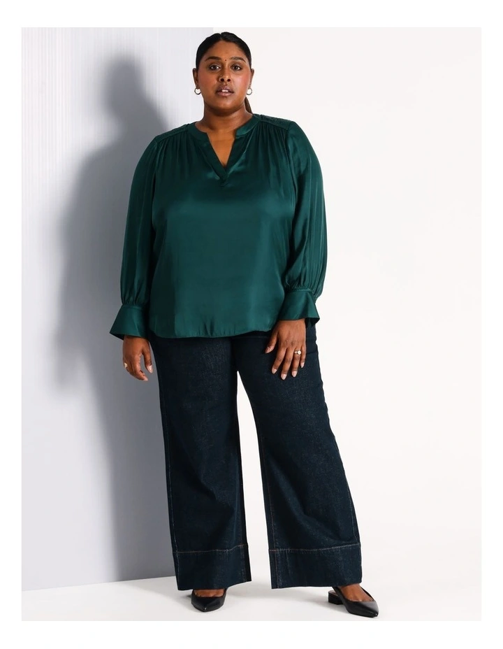 Recycled Polyester V Neck Satin Blouse in Dark Green