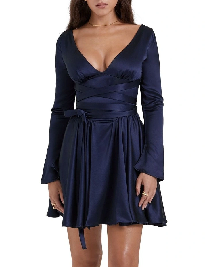 Dominique Plunge Mini Dress in Navy