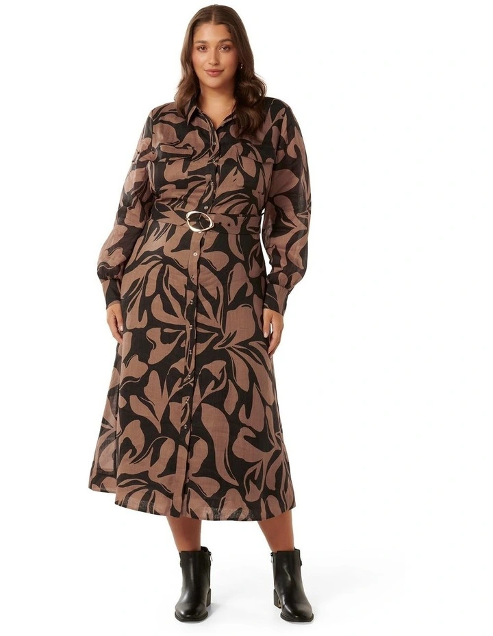 Janie Shirt Midi Dress in Black and Brown