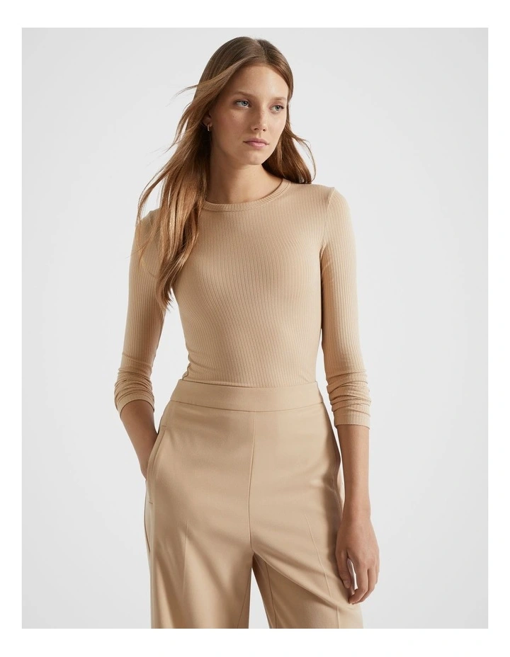 Core Rib Crew Top in Champagne Beige