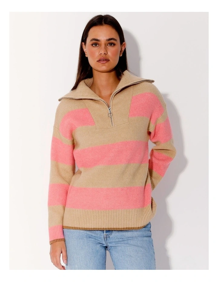 Zip Neck Knit Jumper in Sweet Pink/Tan Stripe