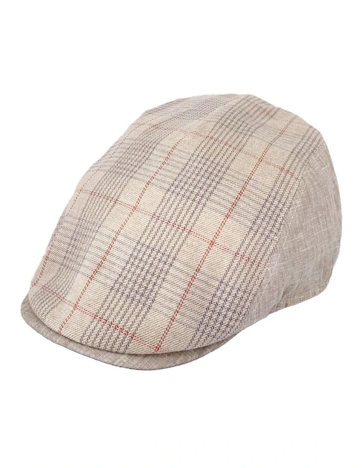 M by Flechet Check Panel Linen/Cotton Sports Cap in Beige