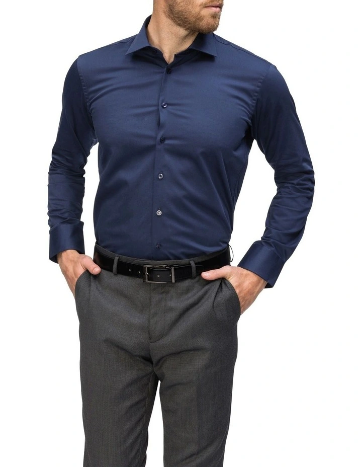 Solid Long Sleeve Business Shirt in Navy