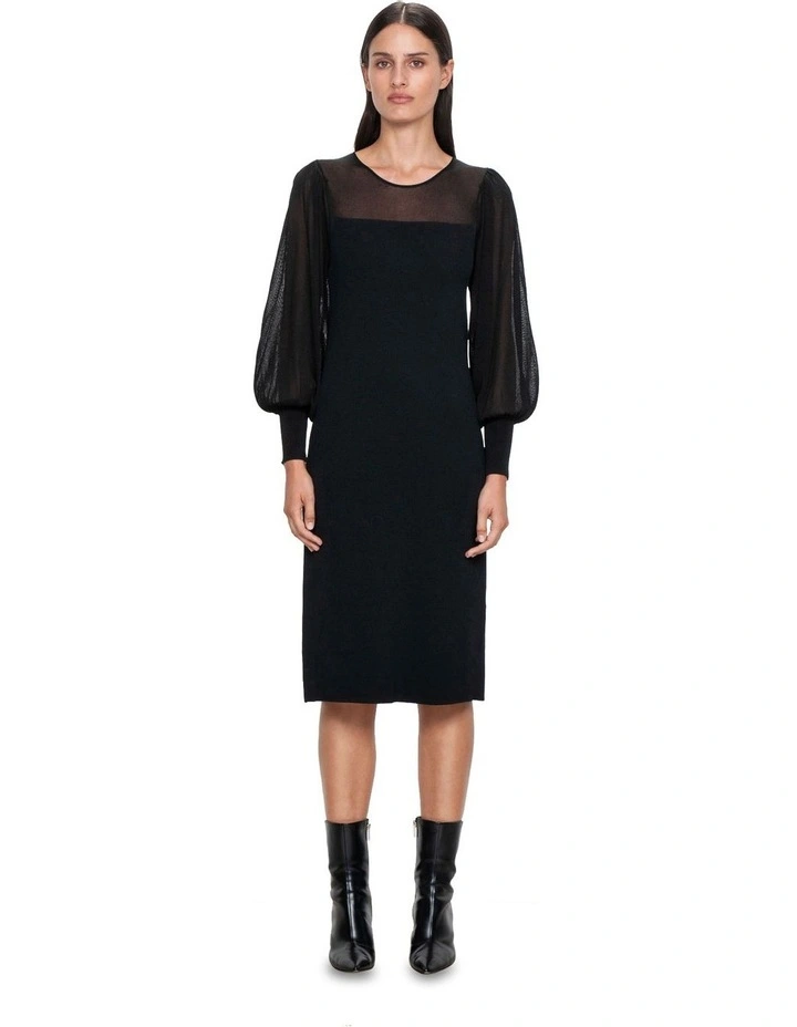 Sheer Blouson Sleeve Knit Dress in Black