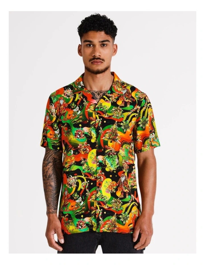 Psychedelic Christmas Print Short Sleeve Rayon Shirt in Black