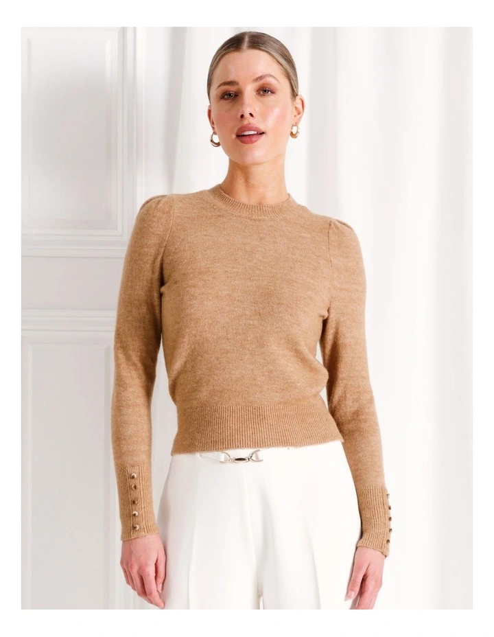 Recycled Blend Lofty Puff Sleeve Knit Jumper in Camel