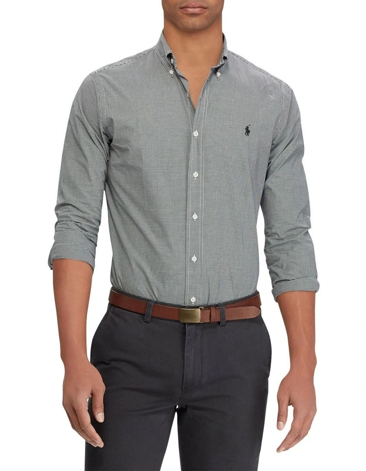 Classic Fit Checked Stretch Poplin Shirt in Black