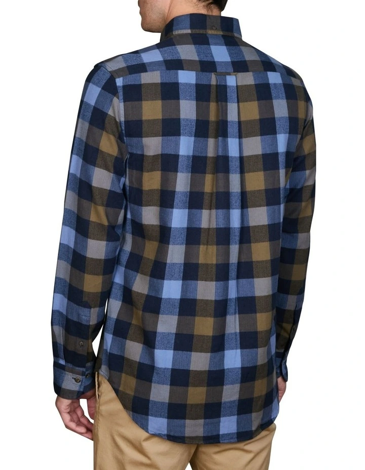 Regular Fit Herringbone Checked Flannel Shirt in Marine