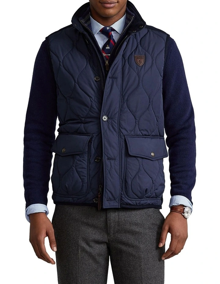 Suede Trim Quilted Vest in Navy