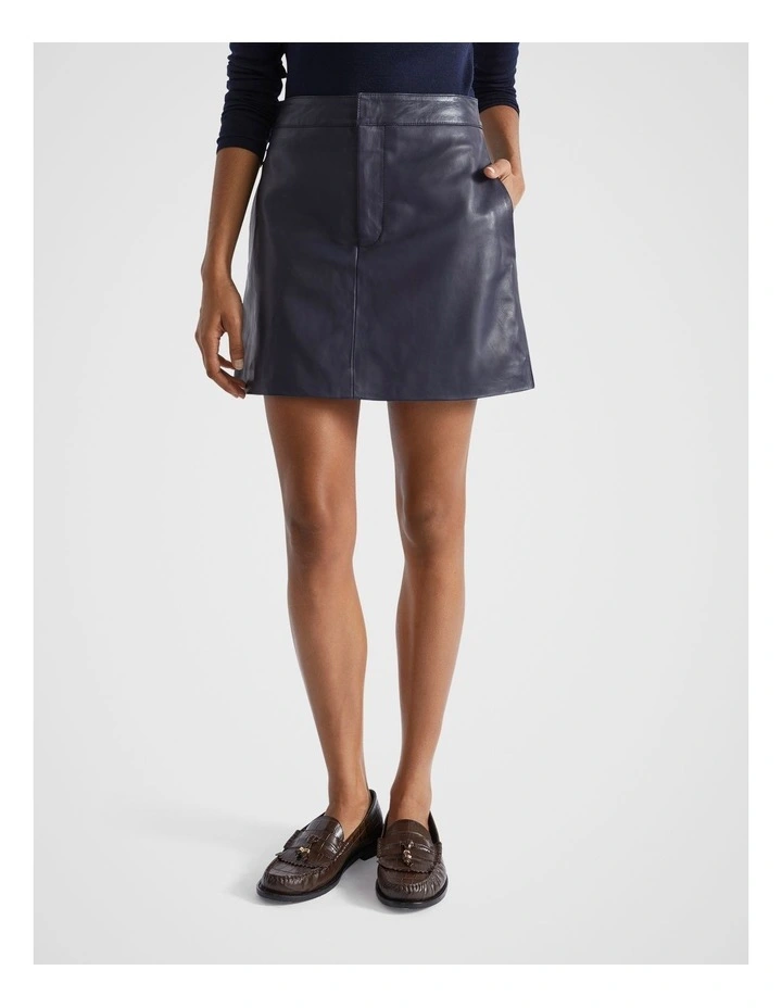 Leather Fly Front Mini Skirt in Midnight Sky
