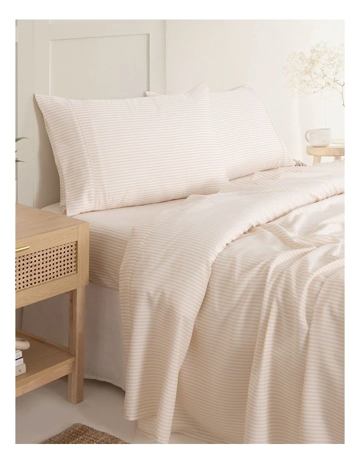 Luxury Striped Linen Blend Queen Sheet Set in Beige