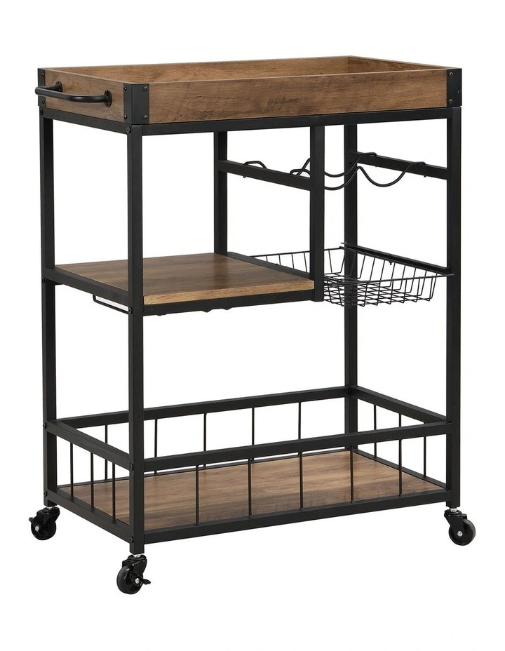 Industrial 3-Tier Bar Cart Trolley with Glass & Wine Holder in Rustic Brown