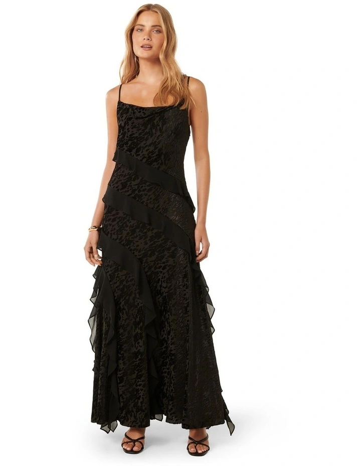 Piper Velvet Ruffle Maxi Dress in Black