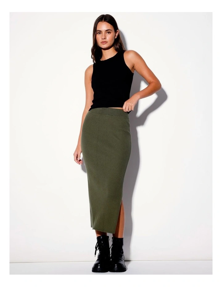 Organic Blend Knit Rib Midi Skirt in Khaki