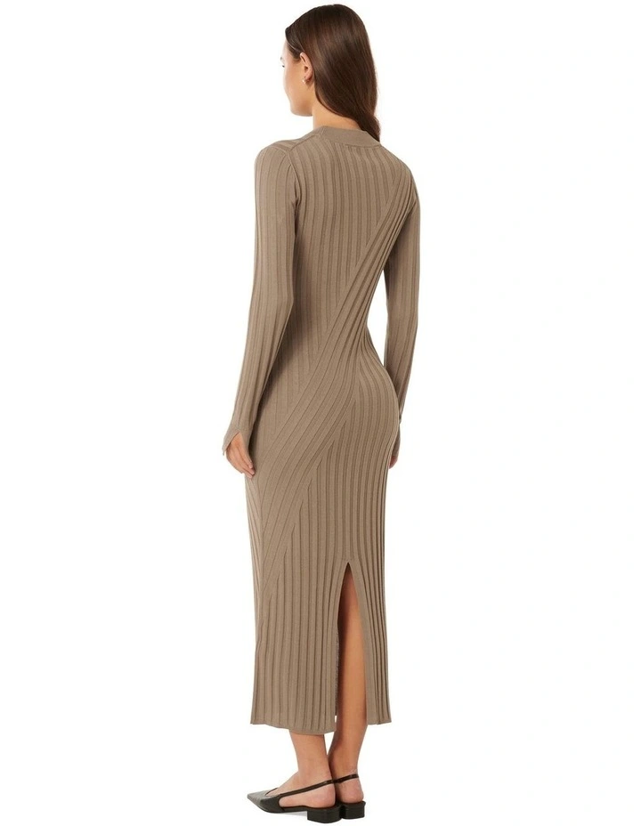 Melody Rib Transfer Midi Dress in Brown