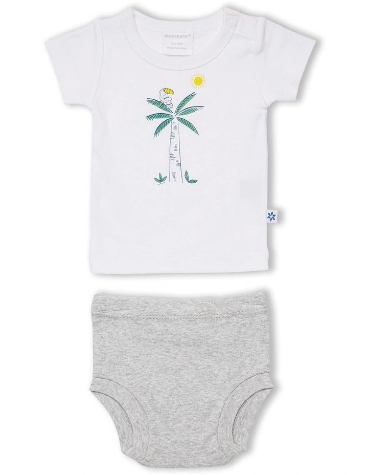 Palm Tree T-shirt And Nappy Pant Set in White/Grey Marle