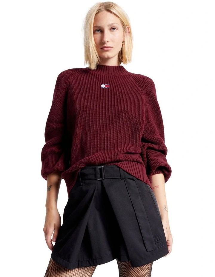 Mock Turtleneck Badge Relaxed Jumper in Red
