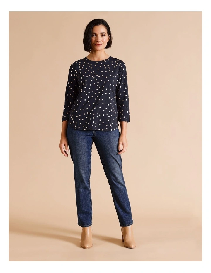 Organic Cotton Wardrobe Staple 3/4 Sleeve Tee In Navy With Gold Spot Foil
