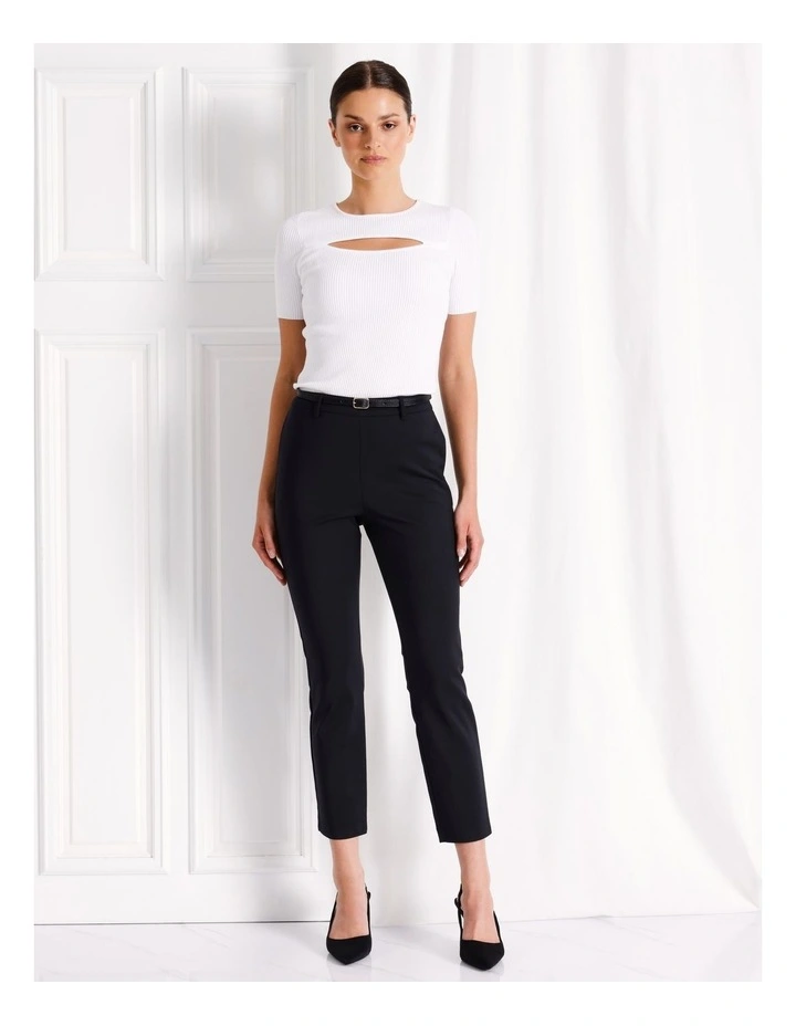 Mid Rise Organic Blend Cotton Sateen Pant With Belt in Black