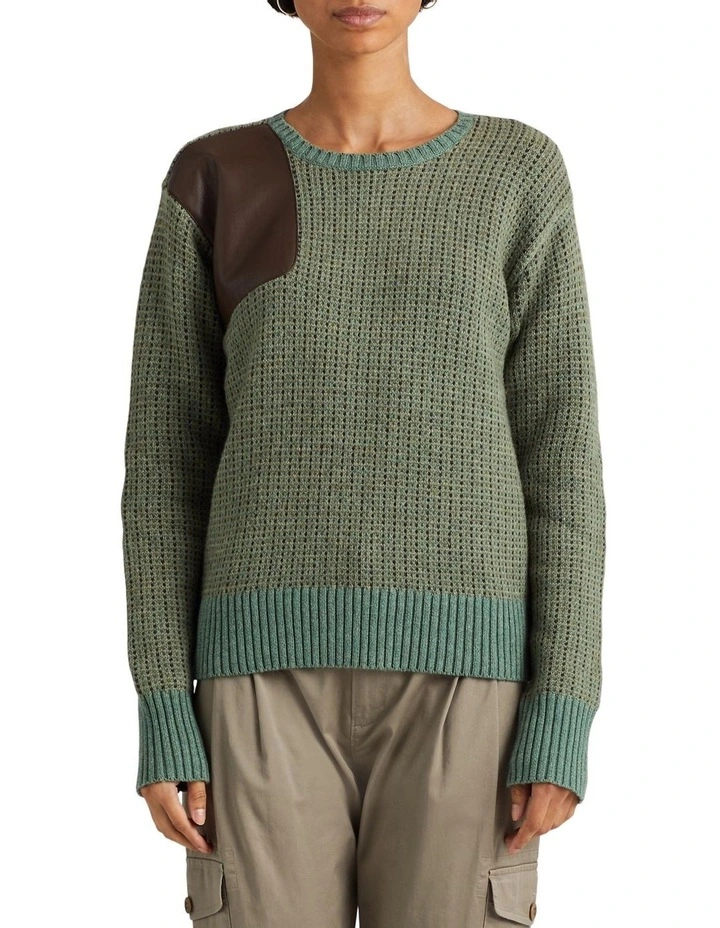 Faux Leather Trim Wool-Blend Sweater in Brown