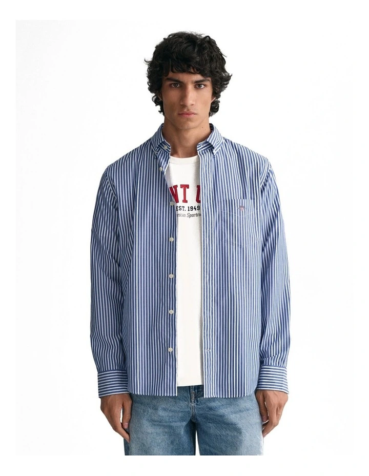 Regular Fit Striped Poplin Shirt in College Blue