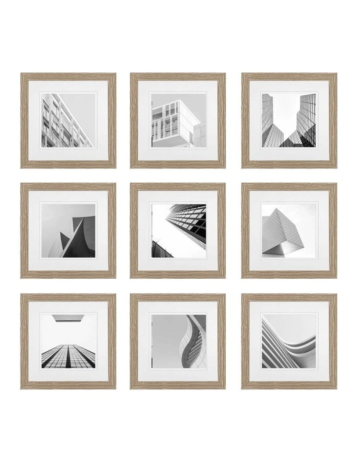 Premium 9 Piece Square Gallery Photo Wall Frame Set in Natural Oak