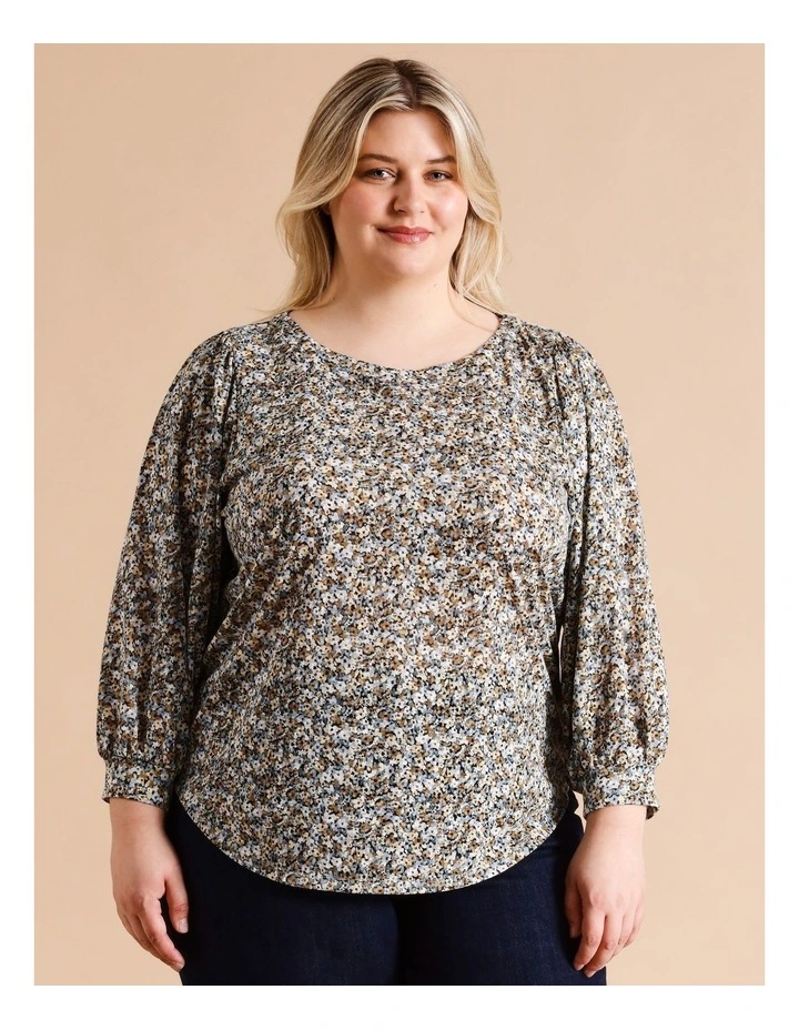 Recycled Polyester Blend 3/4 Blouson Sleeve Burnout Tee in Ditsy Floral