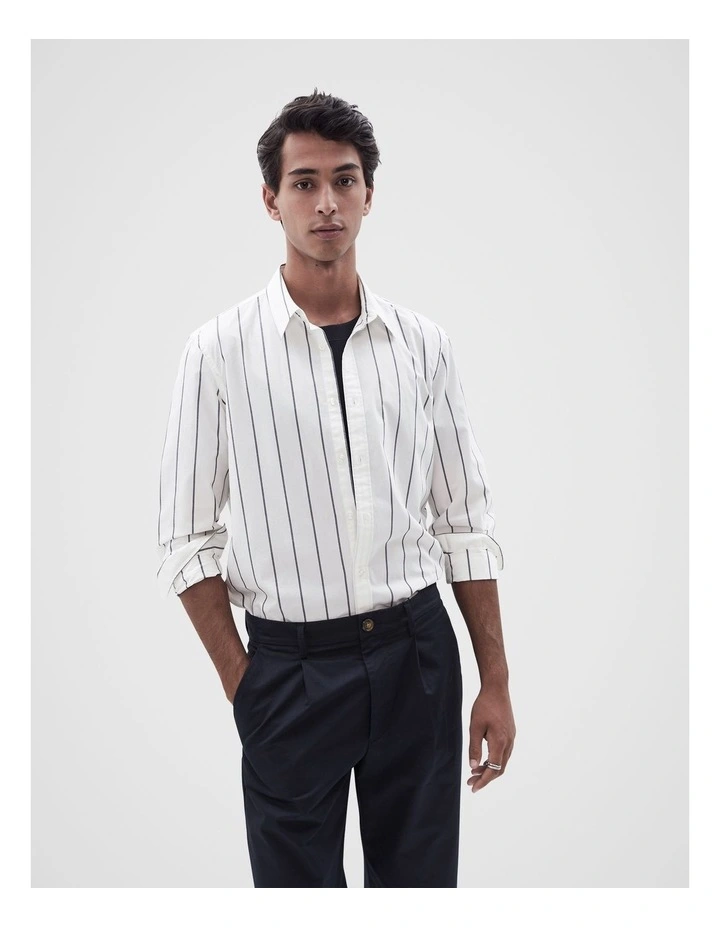 Stripe Cotton Long Sleeve Regular Fit Shirt in Off White Stripe