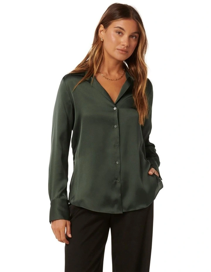 Harvey Notched Neck Satin Shirt in Green