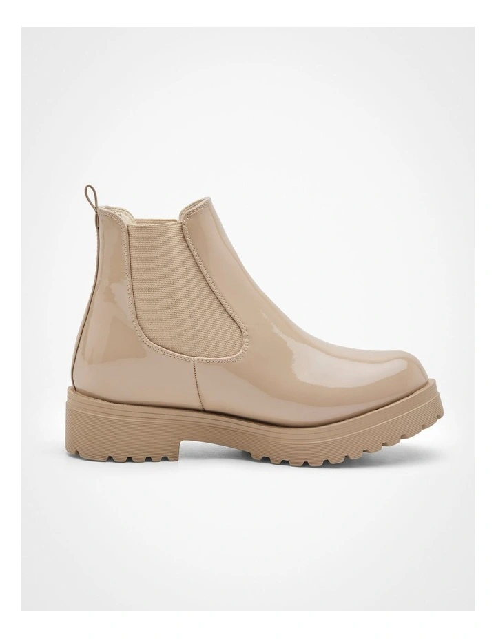 Patent Chelsea Gusset Boot in Taupe