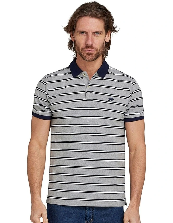 Tram Stripe Pique Polo in Grey Marl