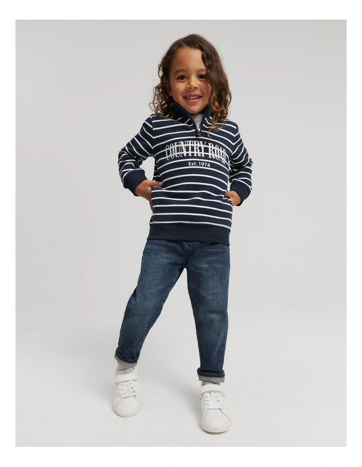 Verified Australian Cotton Heritage Half Zip Sweat in Navy Stripe